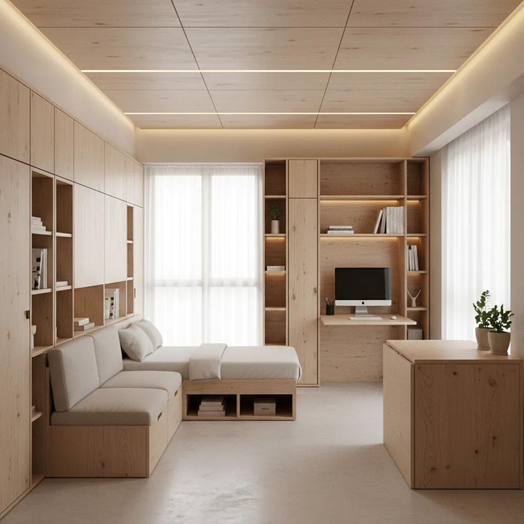 Modern studio apartment interior design with light wood cabinets small sofa bed and computer desk