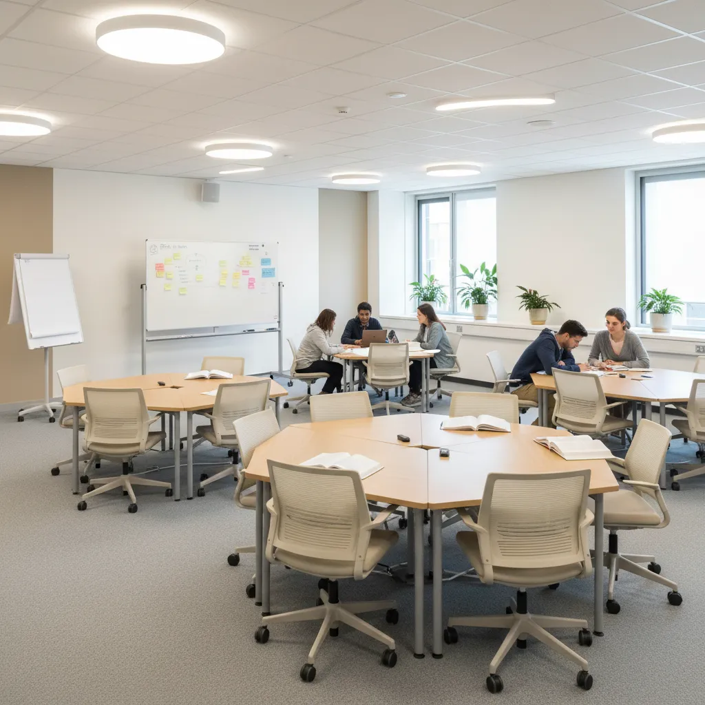 modular tables and chairs arranged for collaborative student study