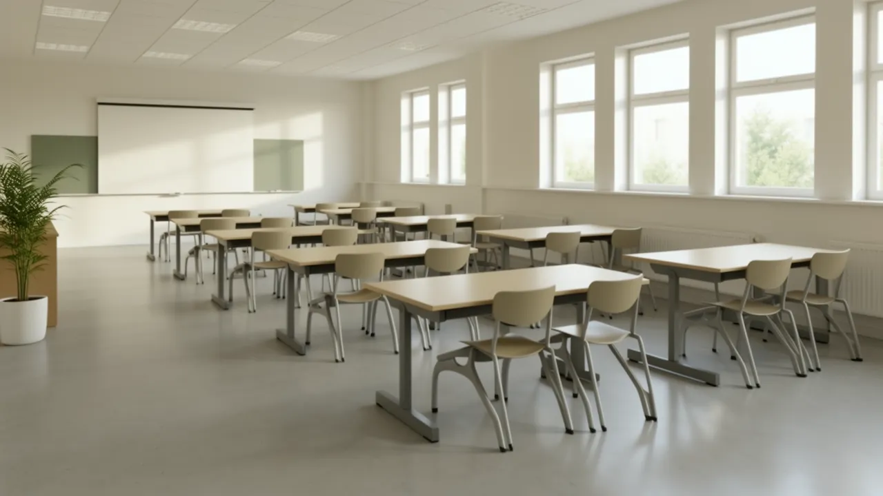 Flexible modular tables and chairs in a university study room