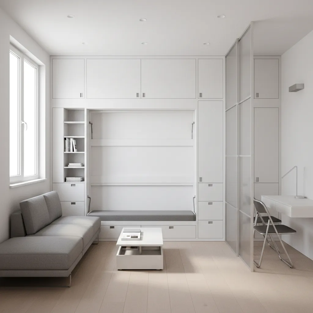 Transformable modular furniture in a tiny apartment maximizing functionality