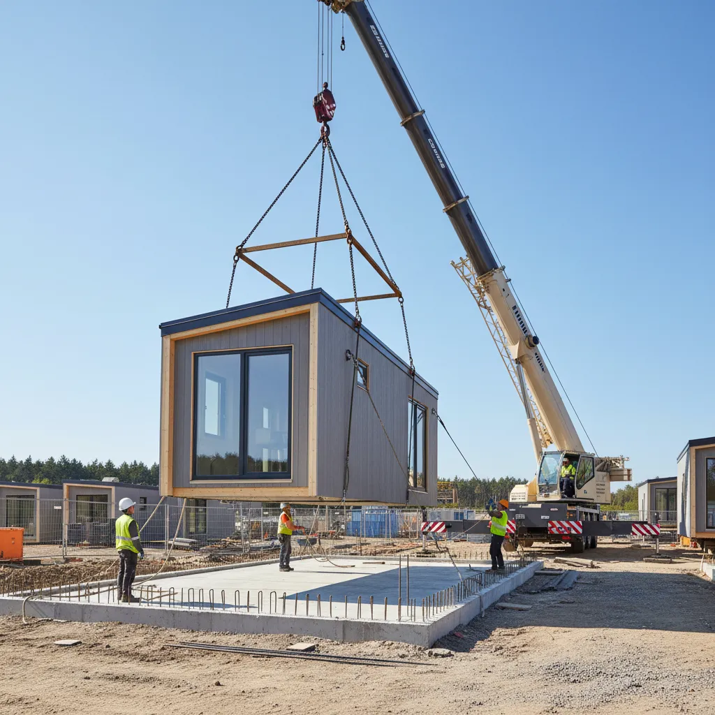Crane installing modular tiny home section onto foundation