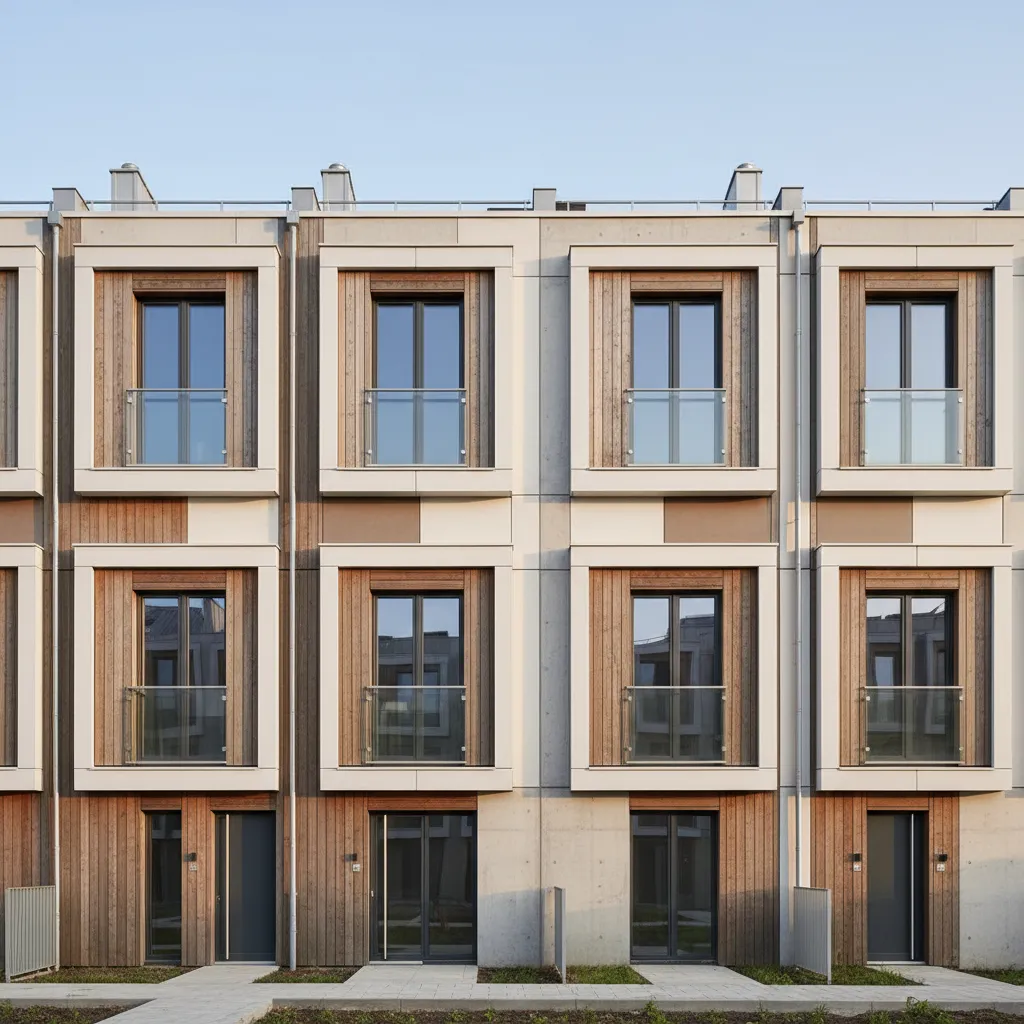 Fila de casas adosadas prefabricadas con diseño moderno