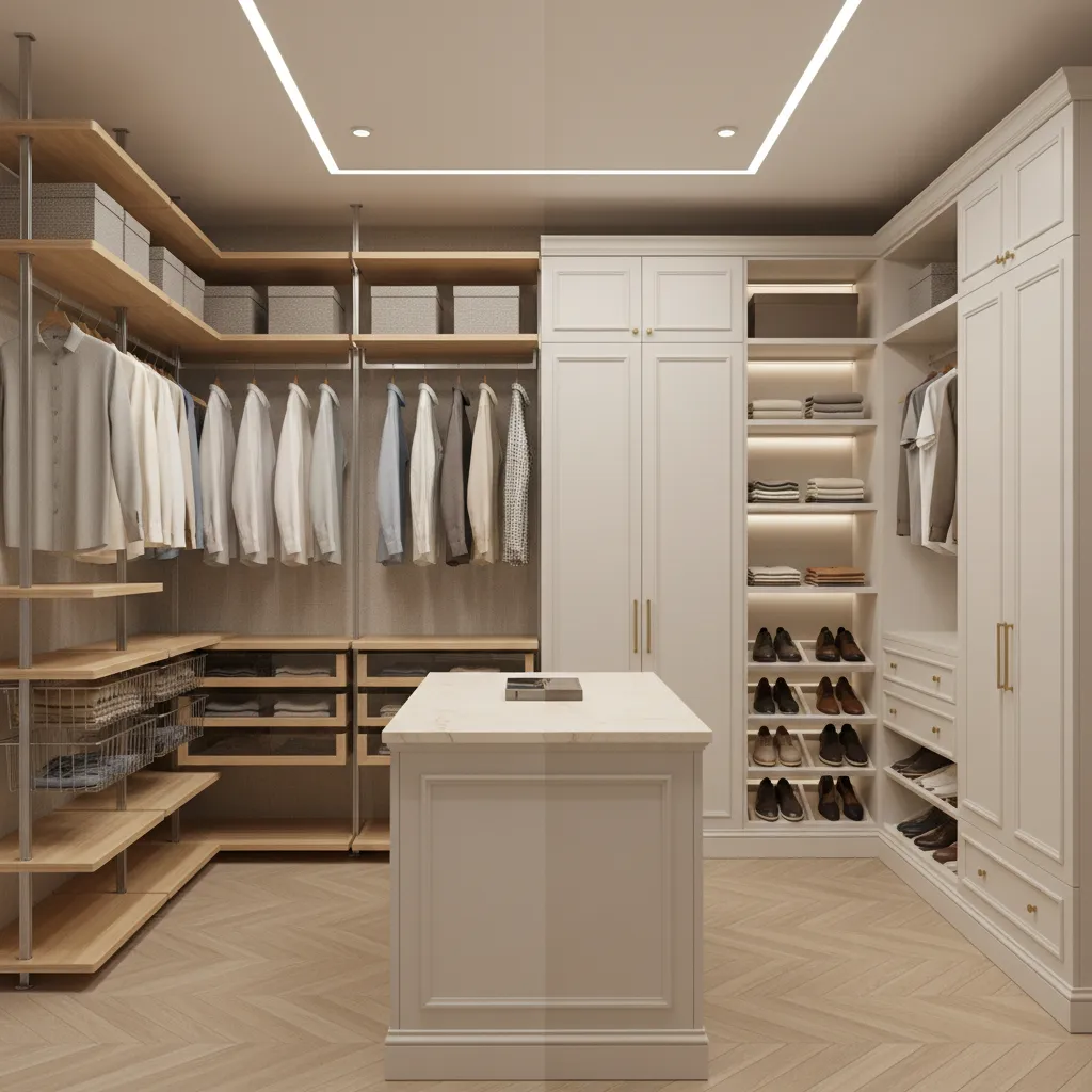 comparison style L shaped closet system showing modular shelving and custom cabinetry