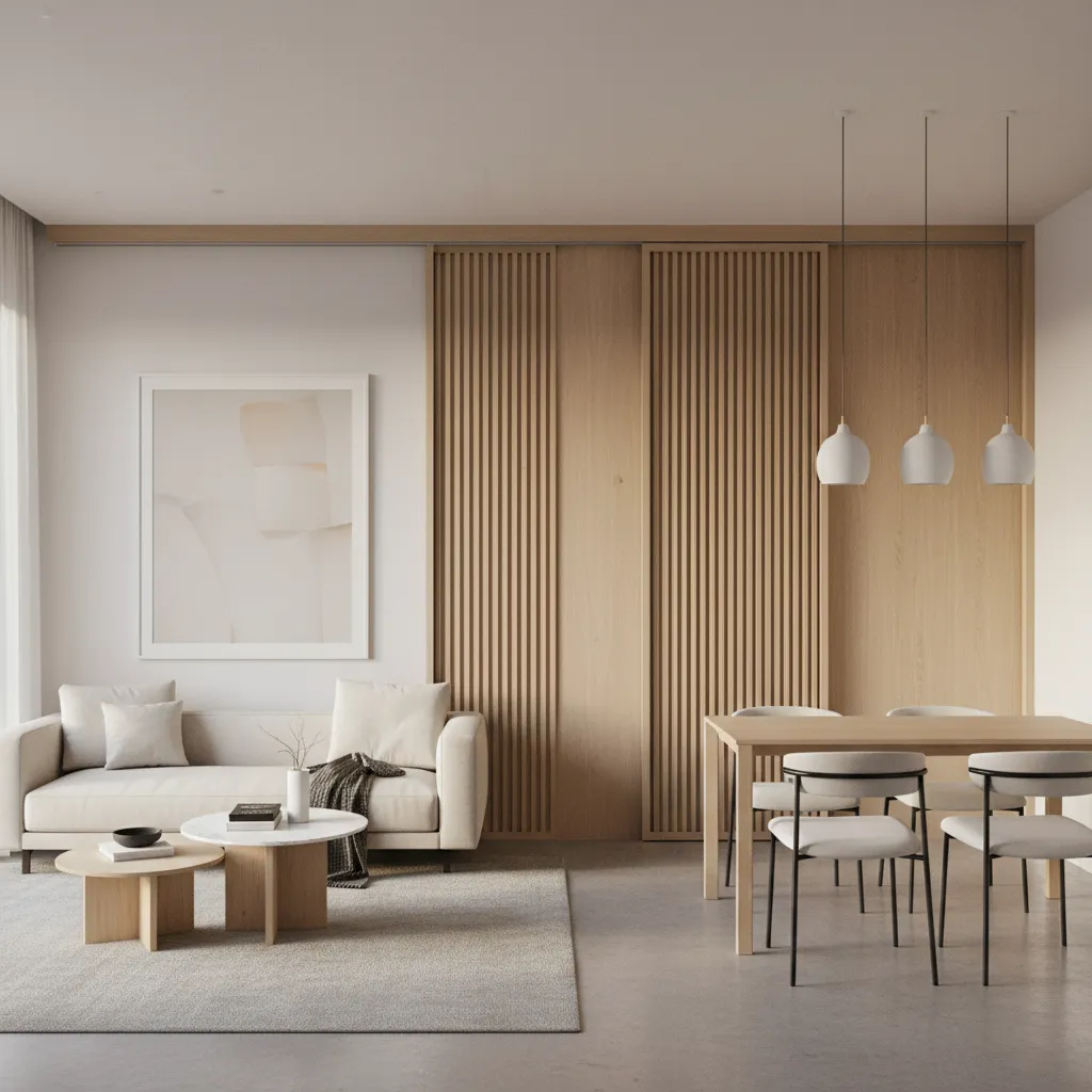 Sliding modular wall divider separating living and dining area