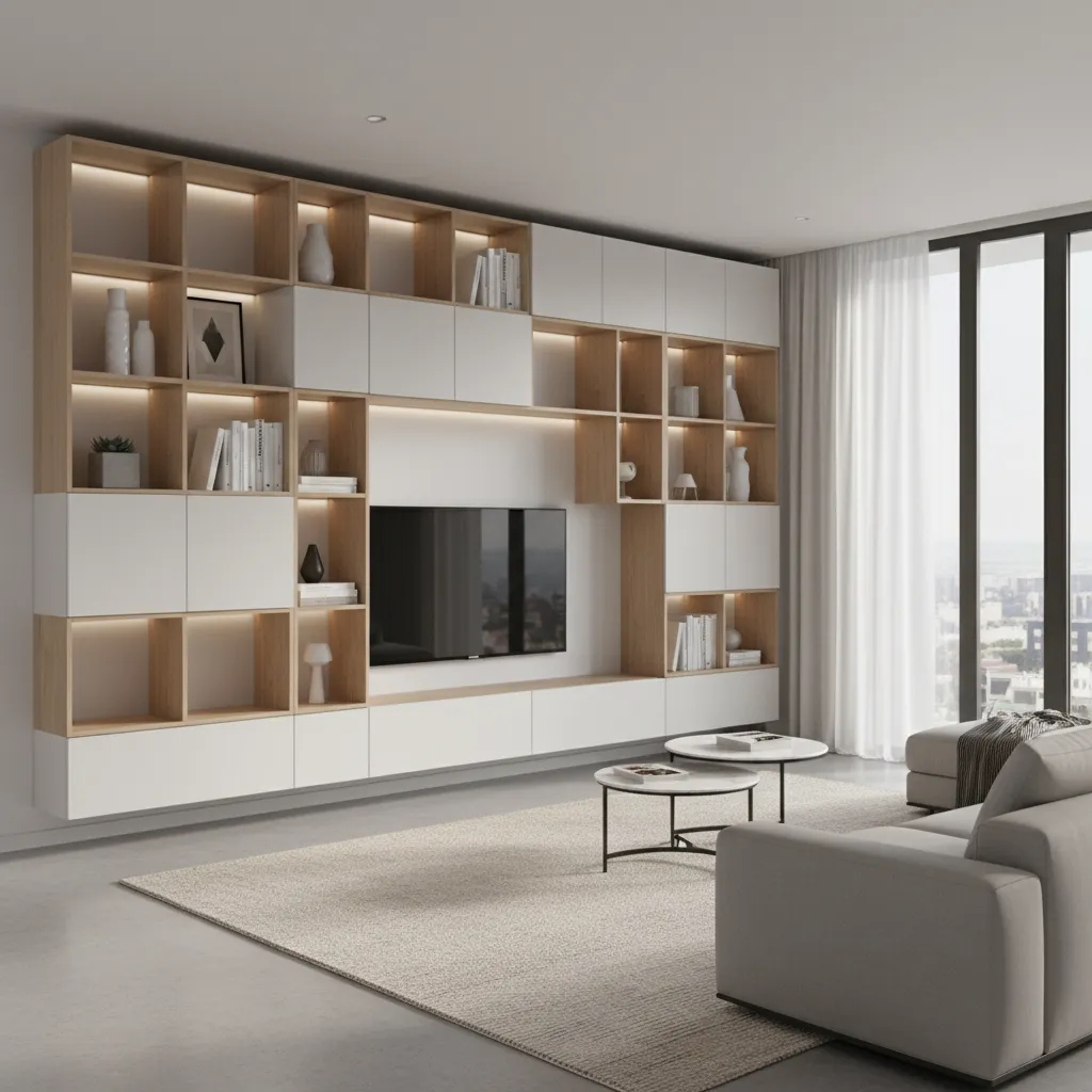 Modern modular wall shelving with mix of open and closed storage