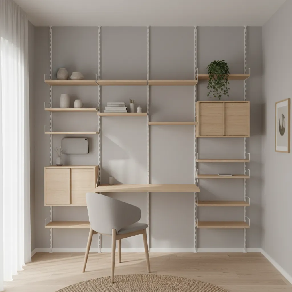 modular wall shelving system with adjustable rails and cabinets in small room