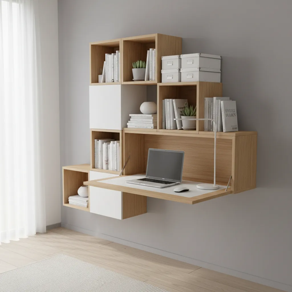 Wall mounted modular shelving system with fold down desk