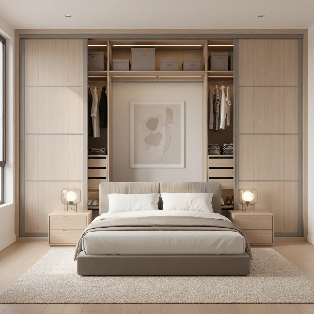 Modern modular wardrobe storage design inside bedroom