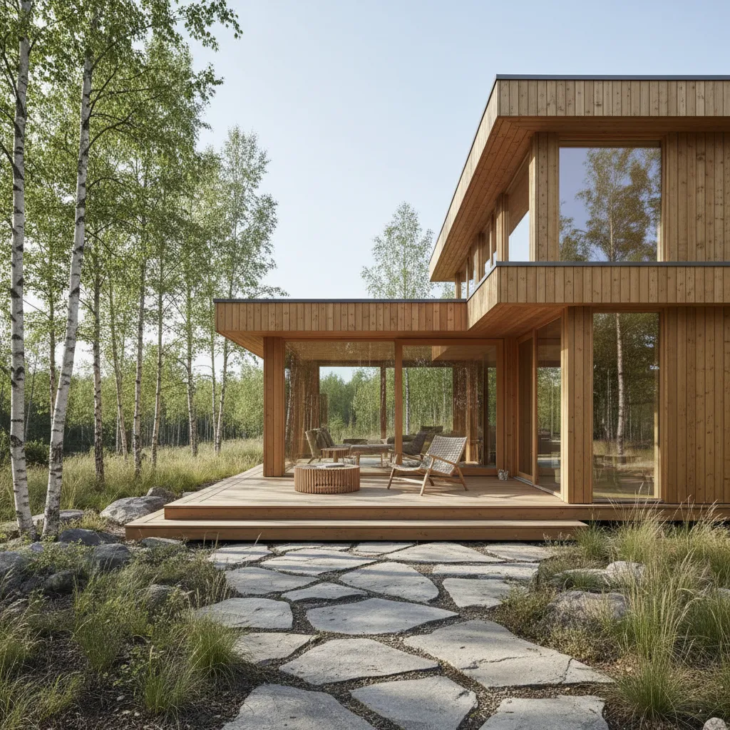 Casa modular de madera con diseño moderno y terraza