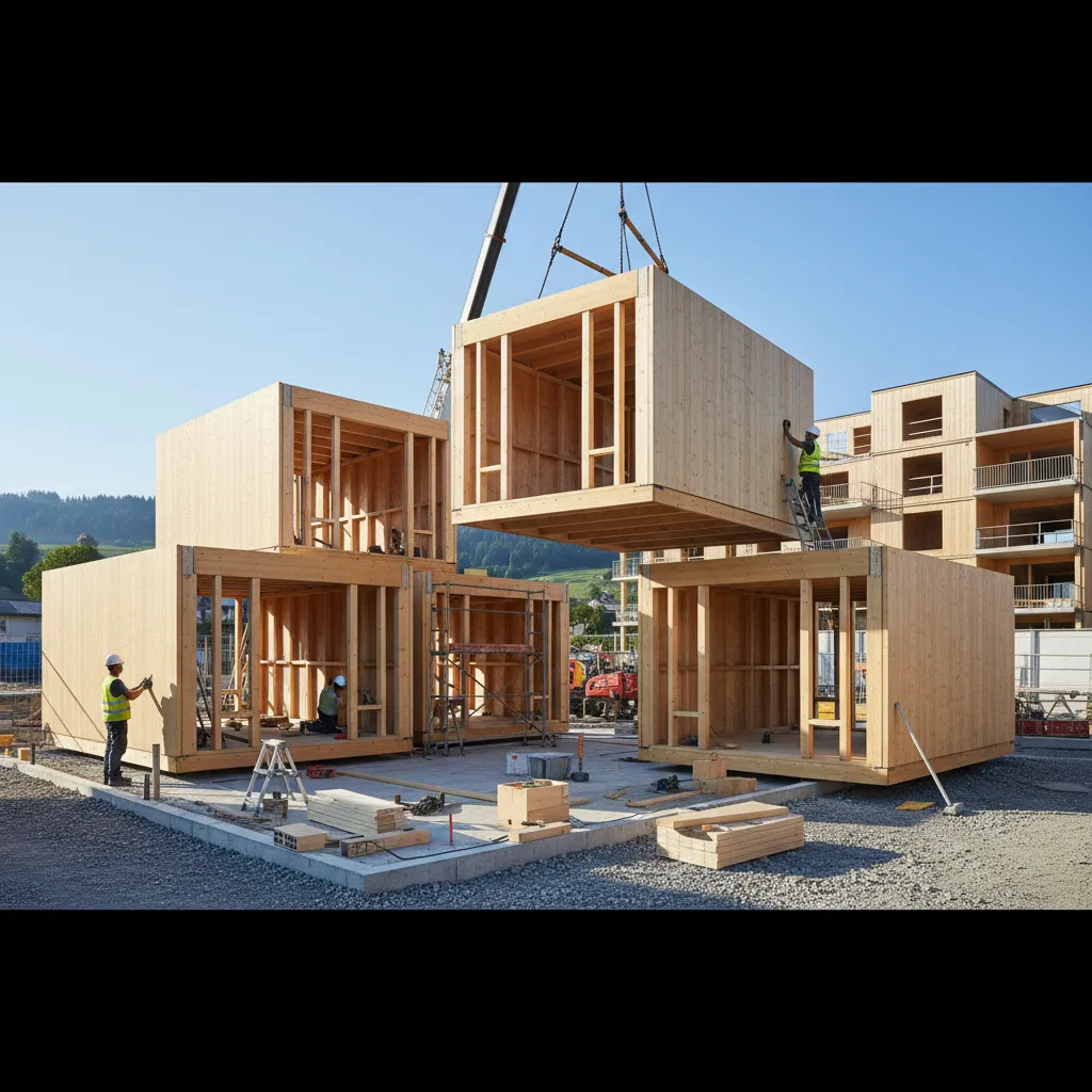 Crane lifting a modular wooden room box onto a foundation at a sunny house construction site