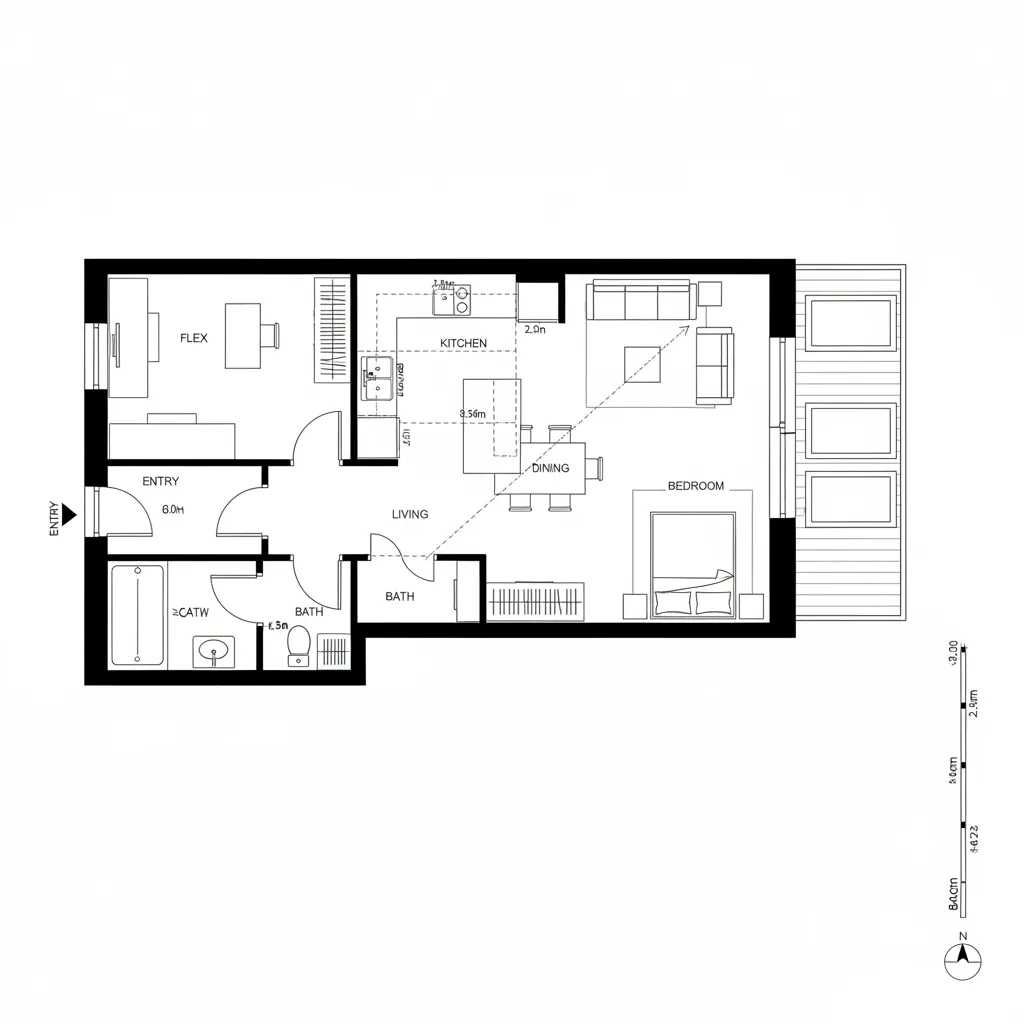 Top-down CAD floor plan showing 1-bed with entry flex alcove, island kitchen, and balcony
