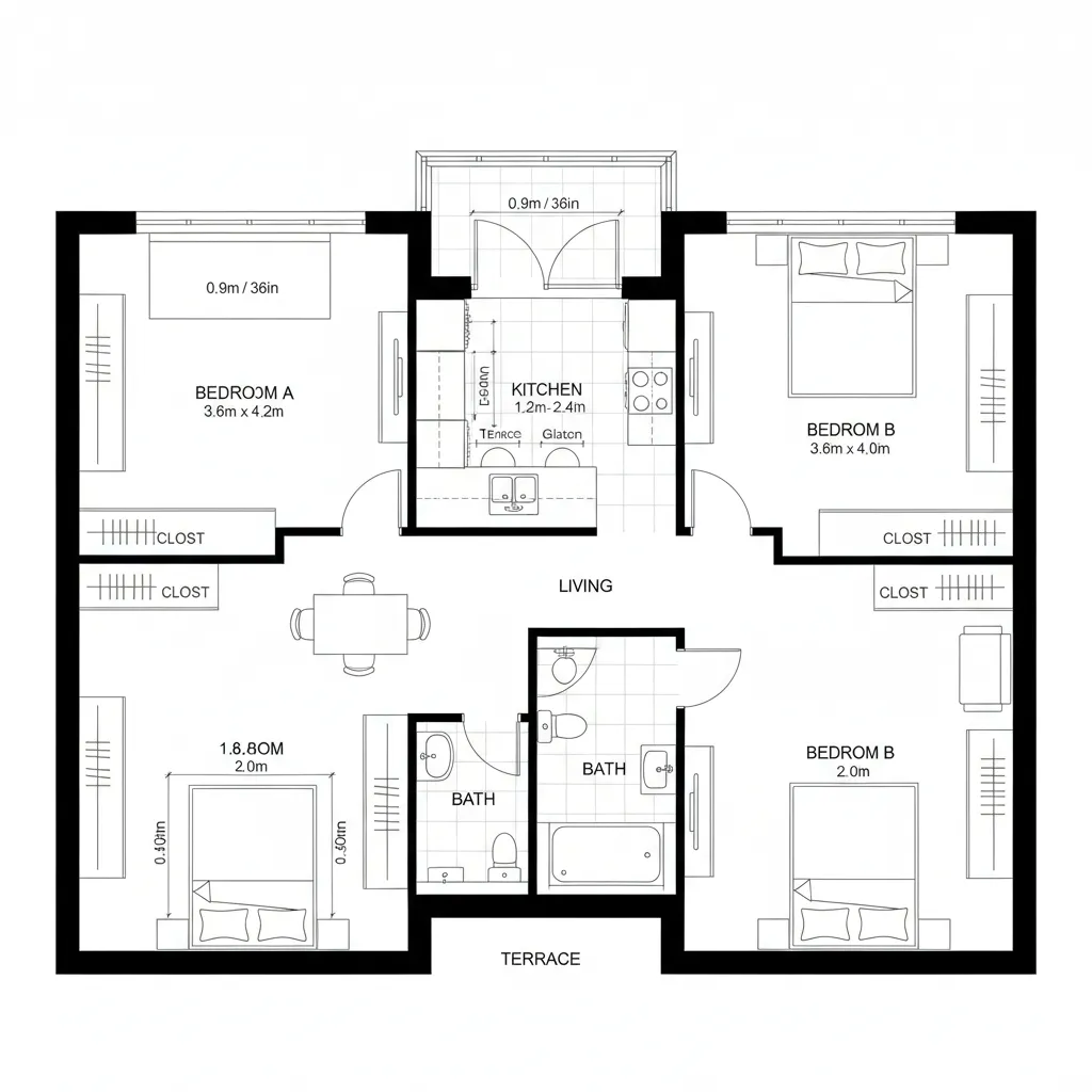 CAD plan showing split two bedrooms flanking a central kitchen-living core with terrace