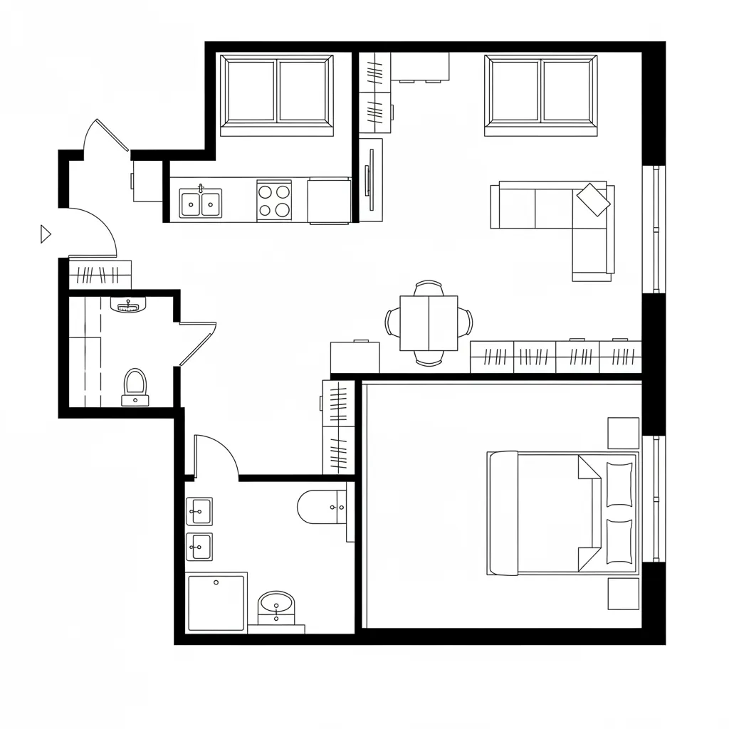 Studio top-down CAD plan with sliding partition forming a sleeping niche and linear kitchen