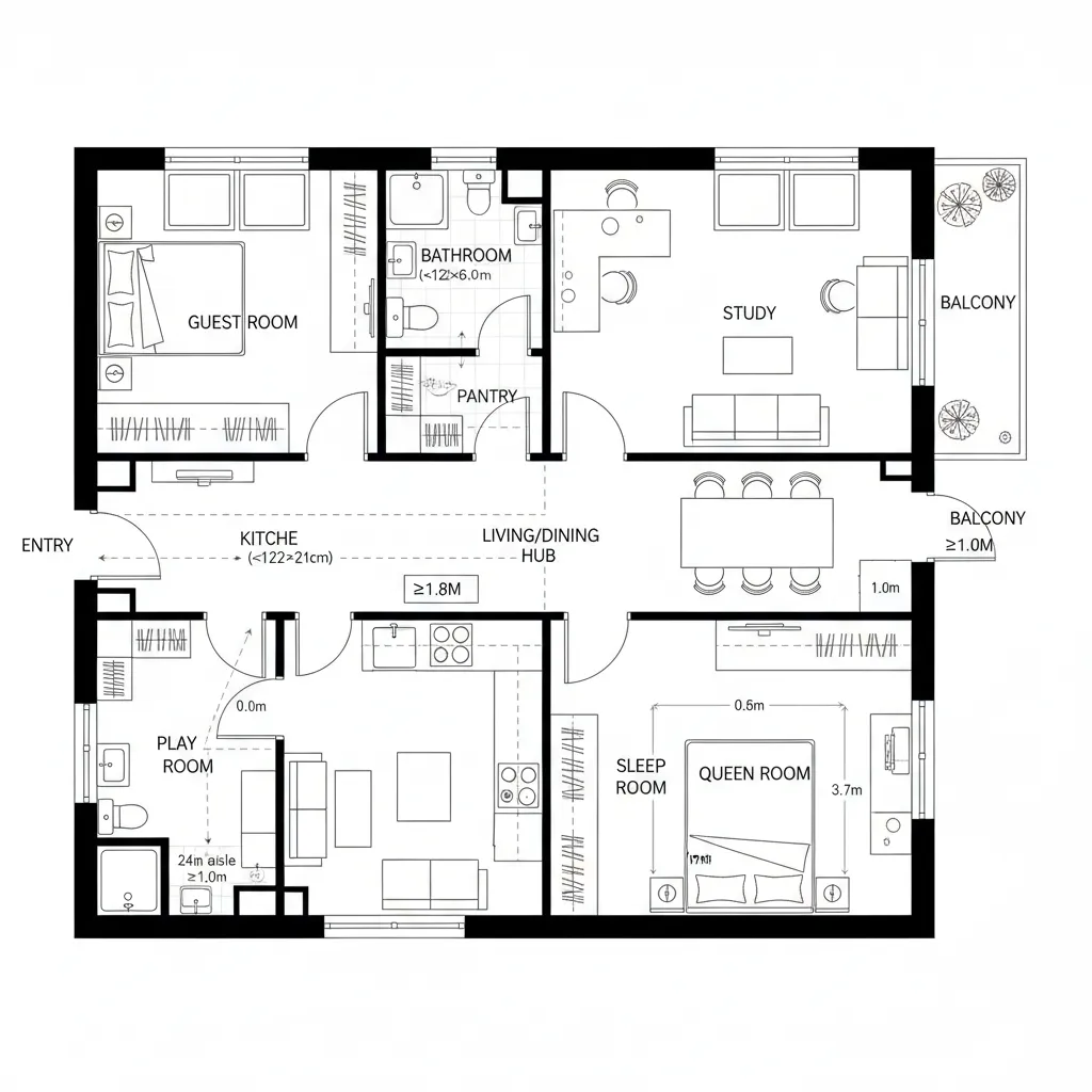 Black and white floor plan drawing showing rooms with furniture and labeled living dining hub