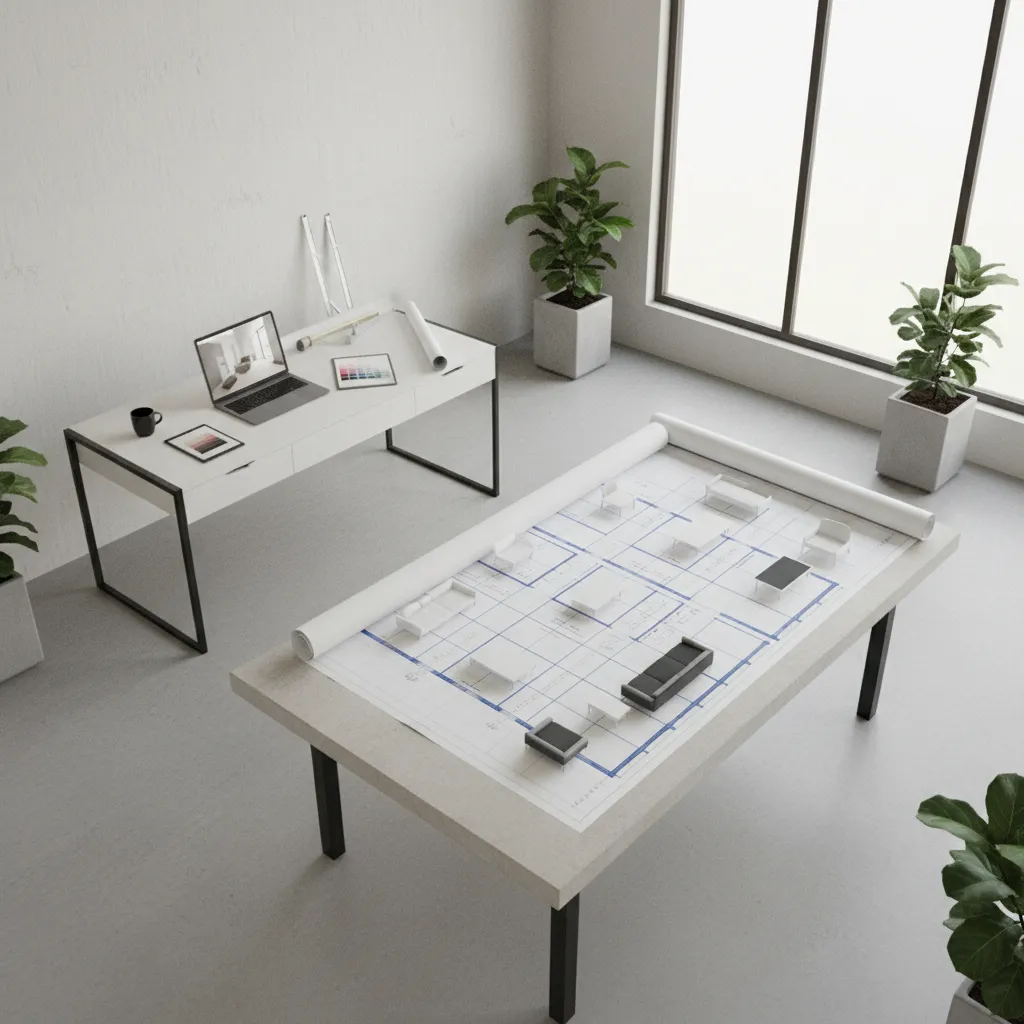 White interior design studio showing desk with laptop and large room layout on the table
