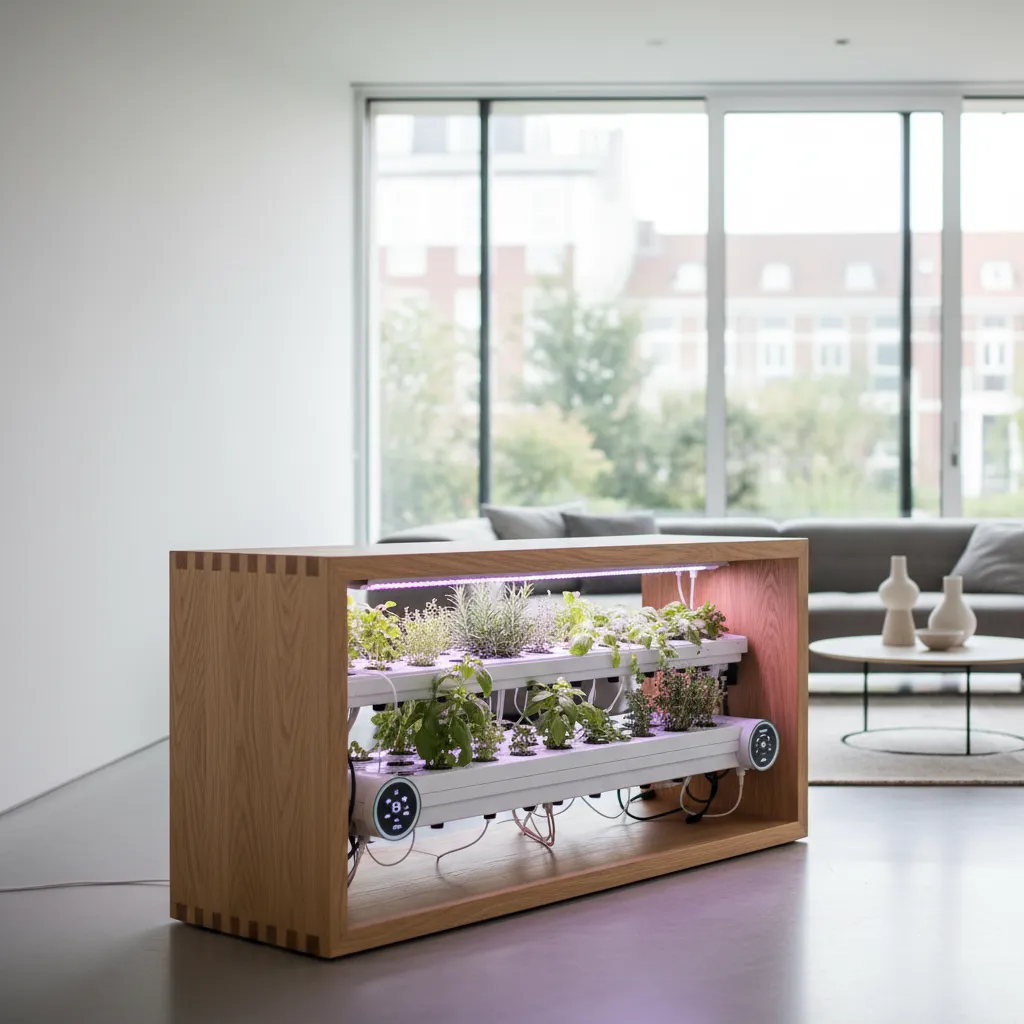 Módulo de huerto inteligente con iluminación LED en espacio interior