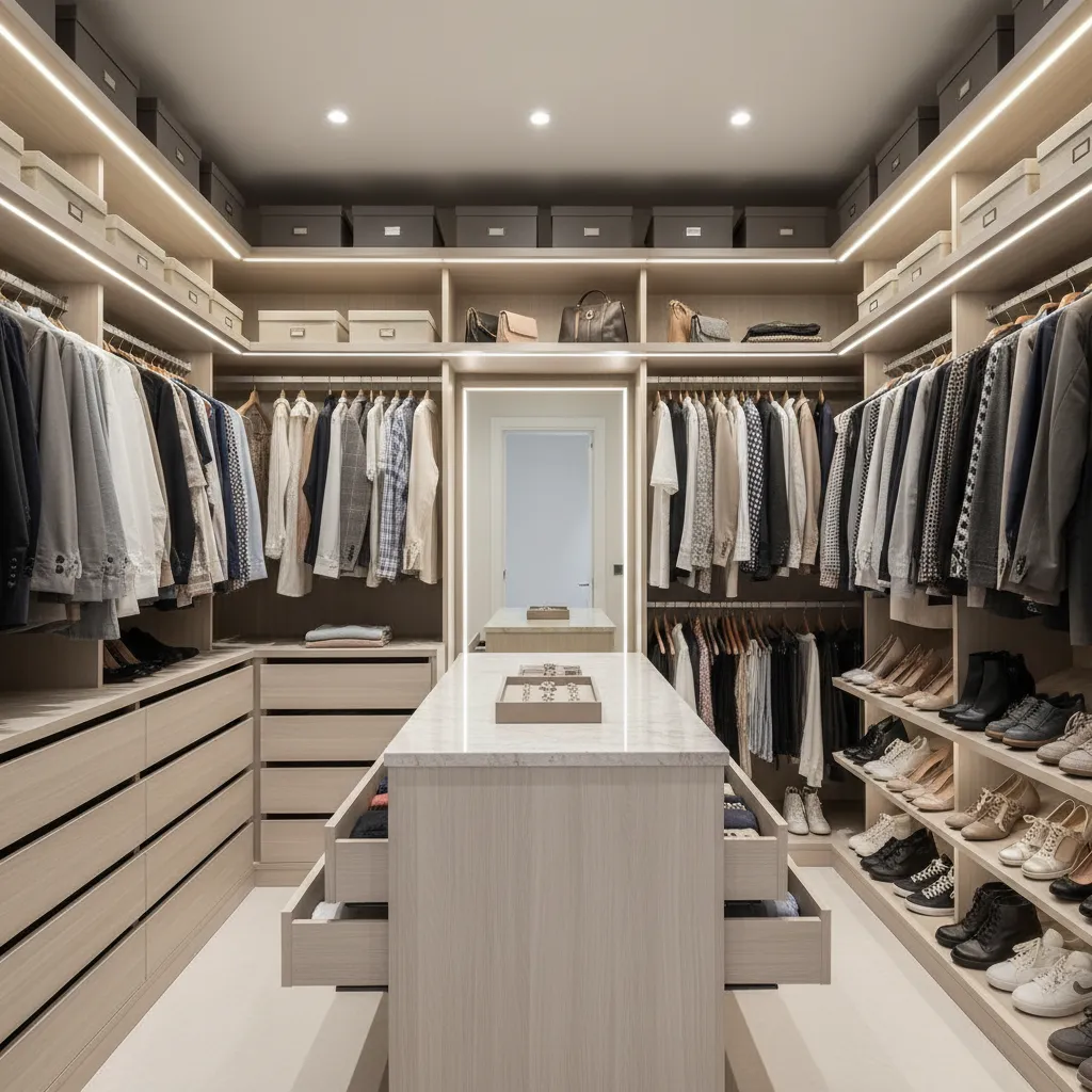 Large walk-in closet with wood cabinets, central island drawers, hanging clothes, shoes, and ceiling light