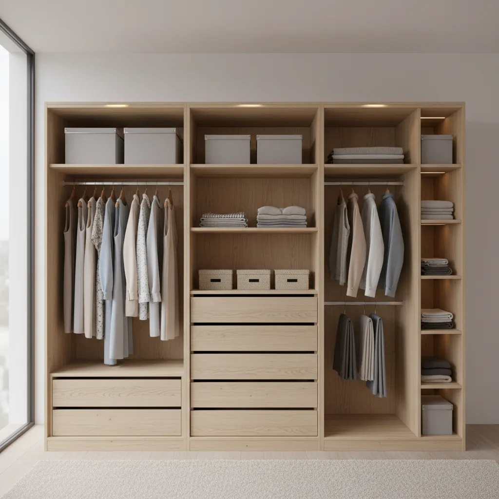 Distribución interior de armario empotrado con diferentes módulos