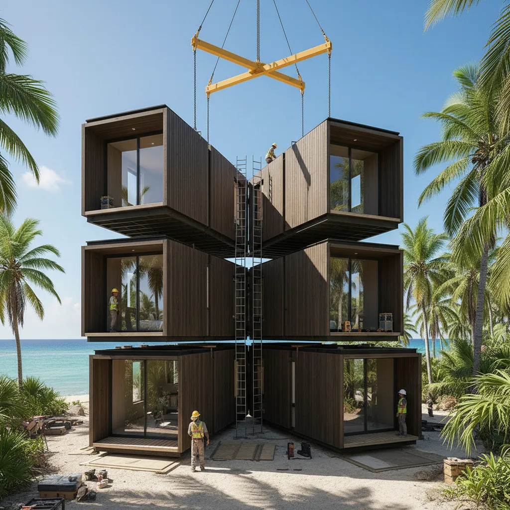 Módulos estructurales de una casa prefabricada instalándose en terreno