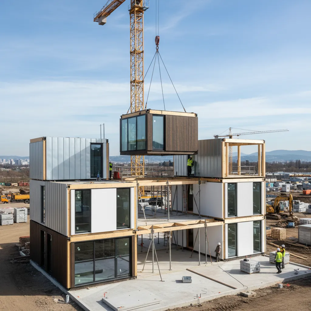 Módulos estructurales de una casa prefabricada siendo ensamblados
