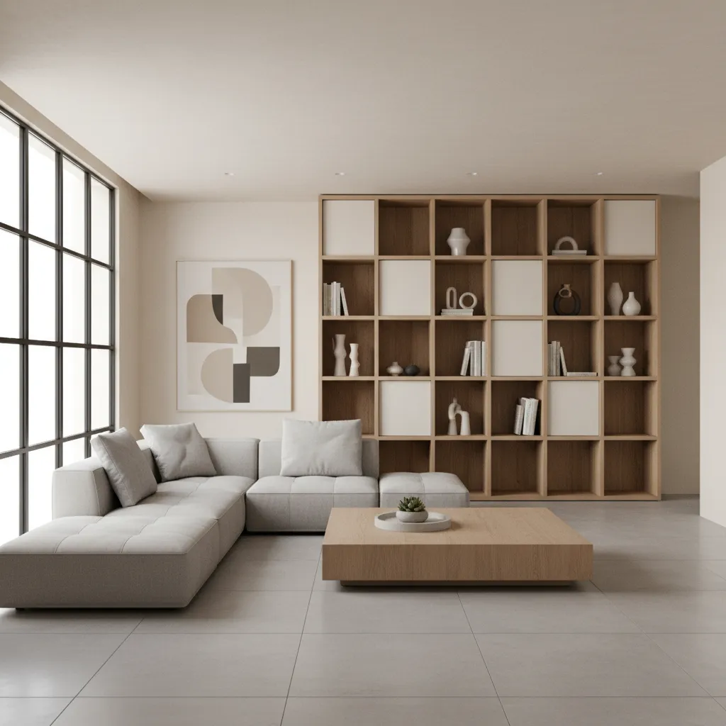 Modern living room with grey sofa large wooden wall unit and a square wood table