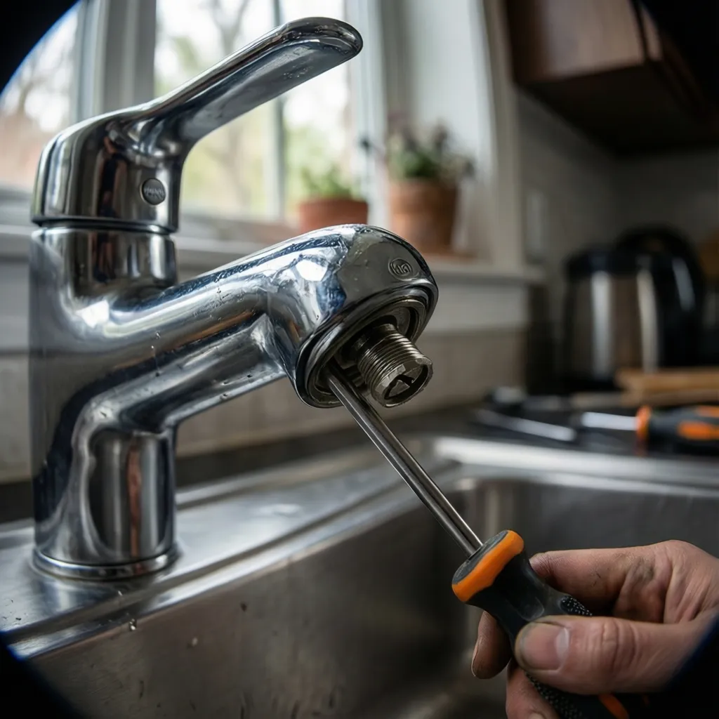 Close-up of Moen kitchen faucet handle cap being removed to access set screw