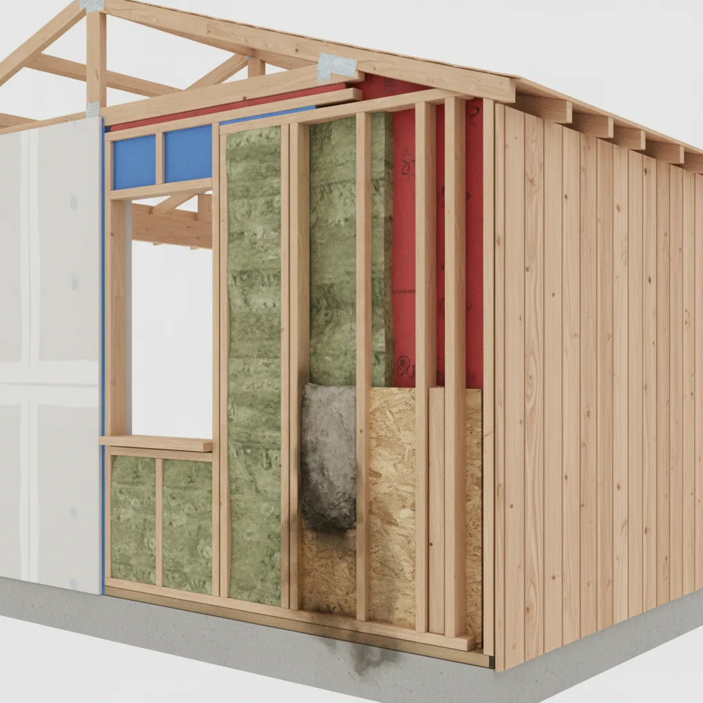 Moisture damage inside lightweight house wall showing insulation and structural panels
