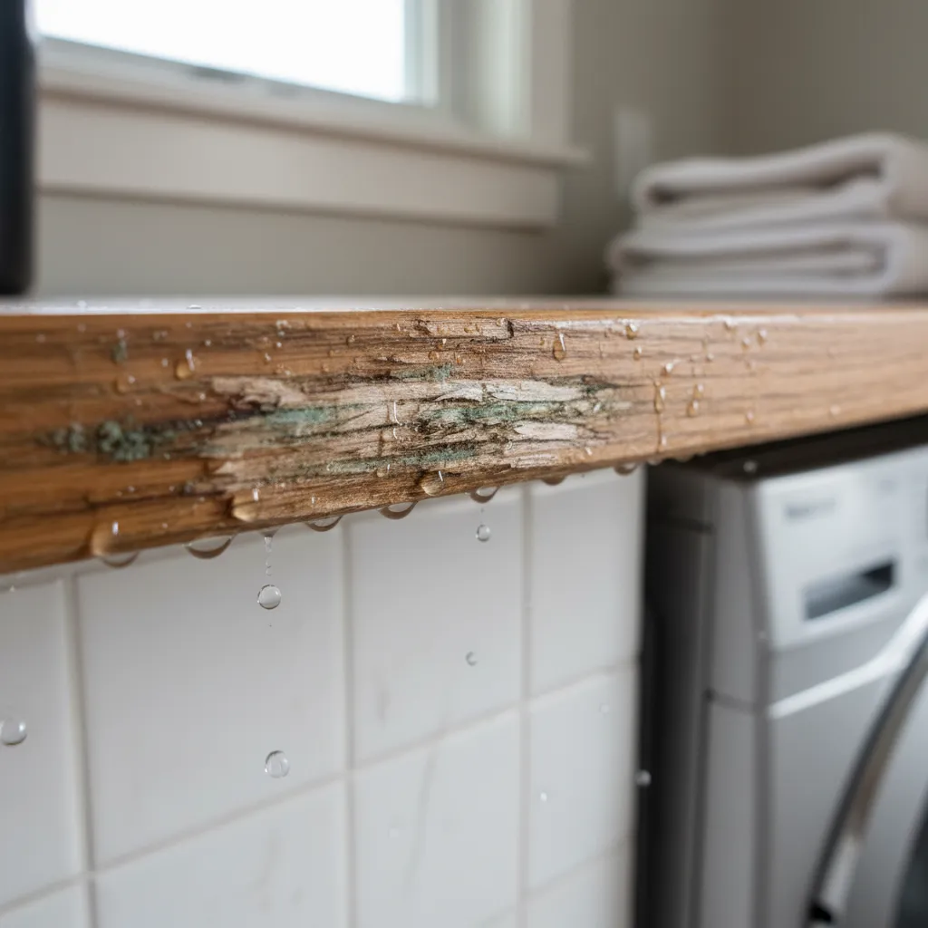 Close up of swollen shelf edge and early moisture damage in laundry room