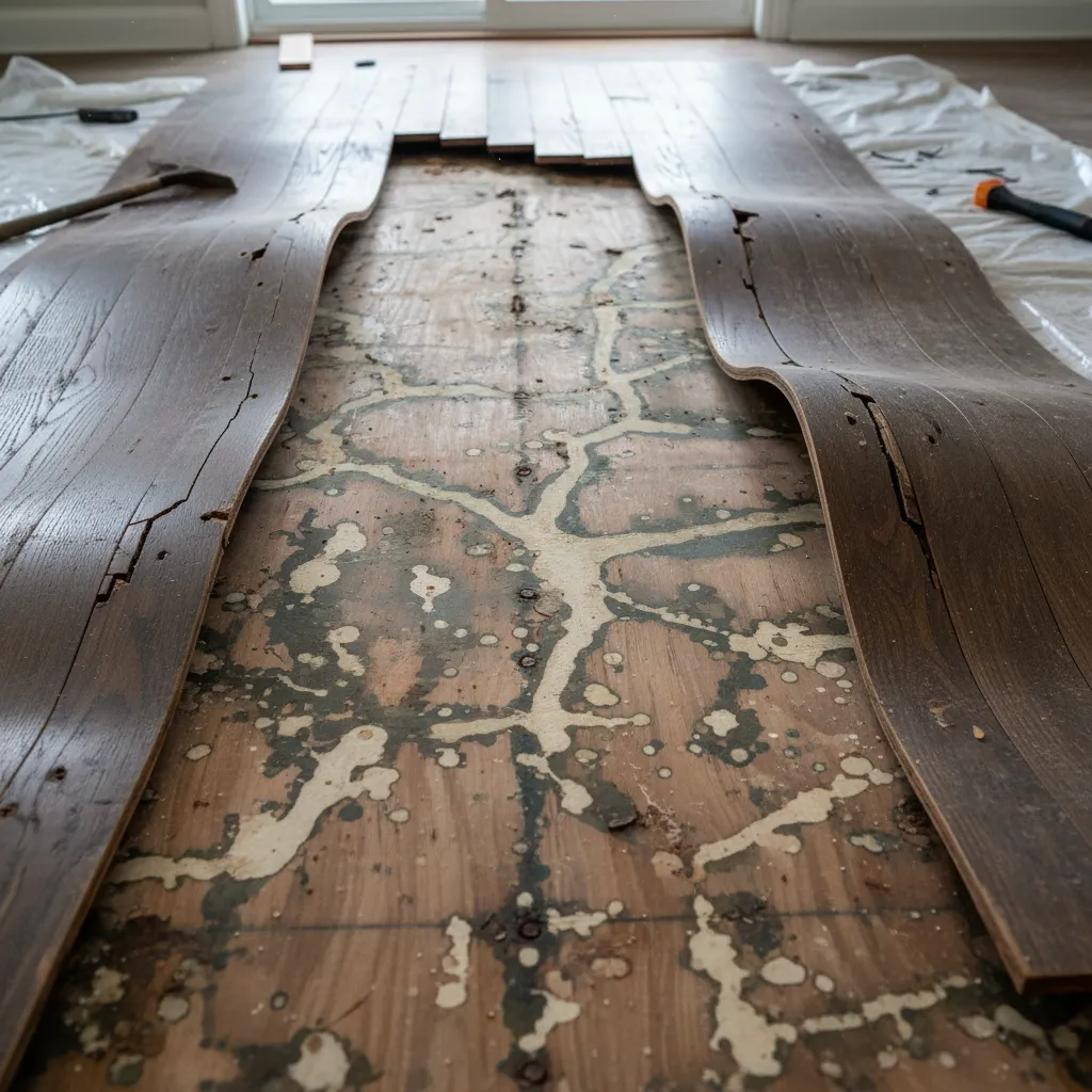Moisture damage and warped wood under hardwood flooring