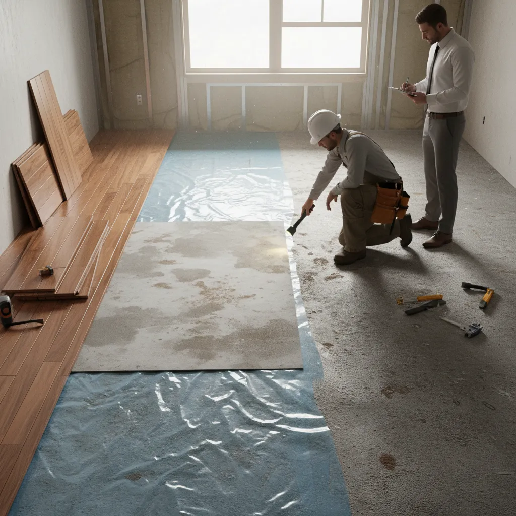 Hardwood flooring lifted to reveal moisture barrier and underlayment beneath
