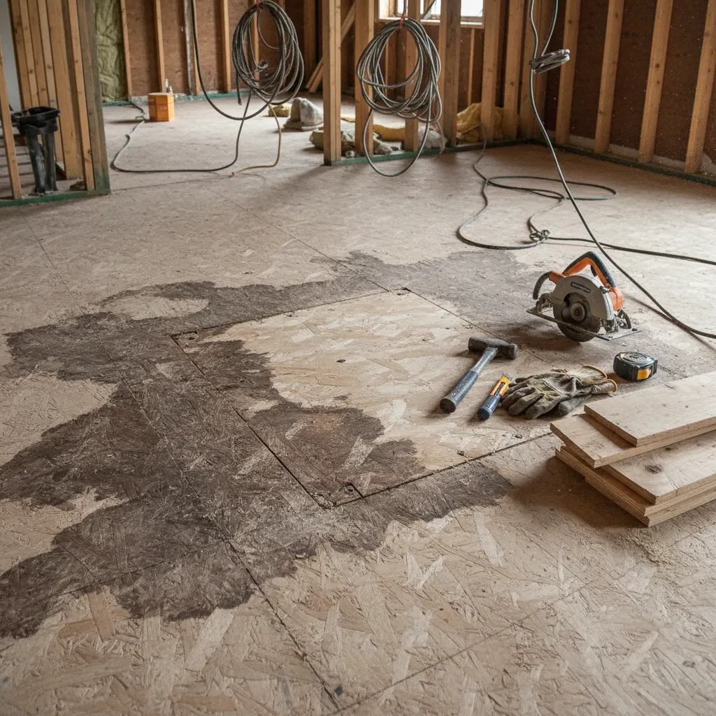 Moisture damaged subfloor area with dark stains before flooring installation