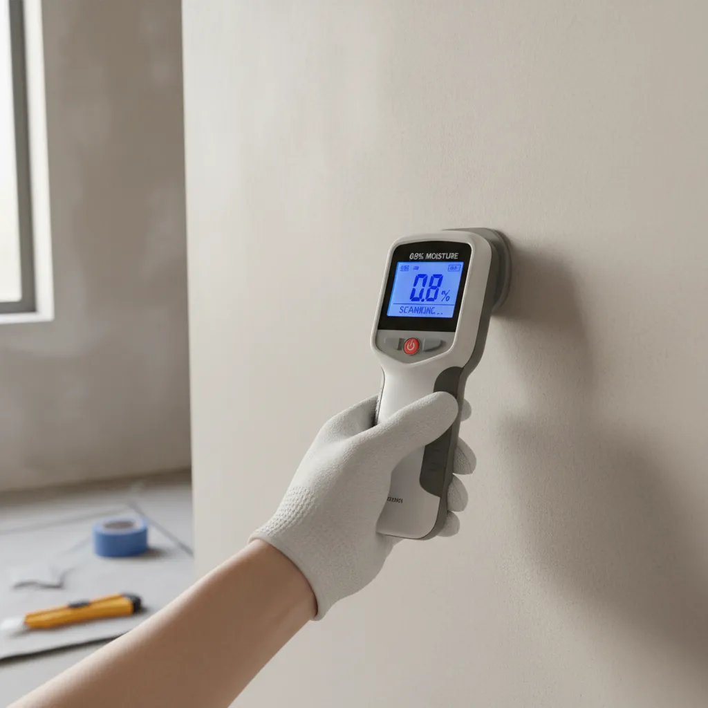 Pinless moisture meter scanning drywall surface