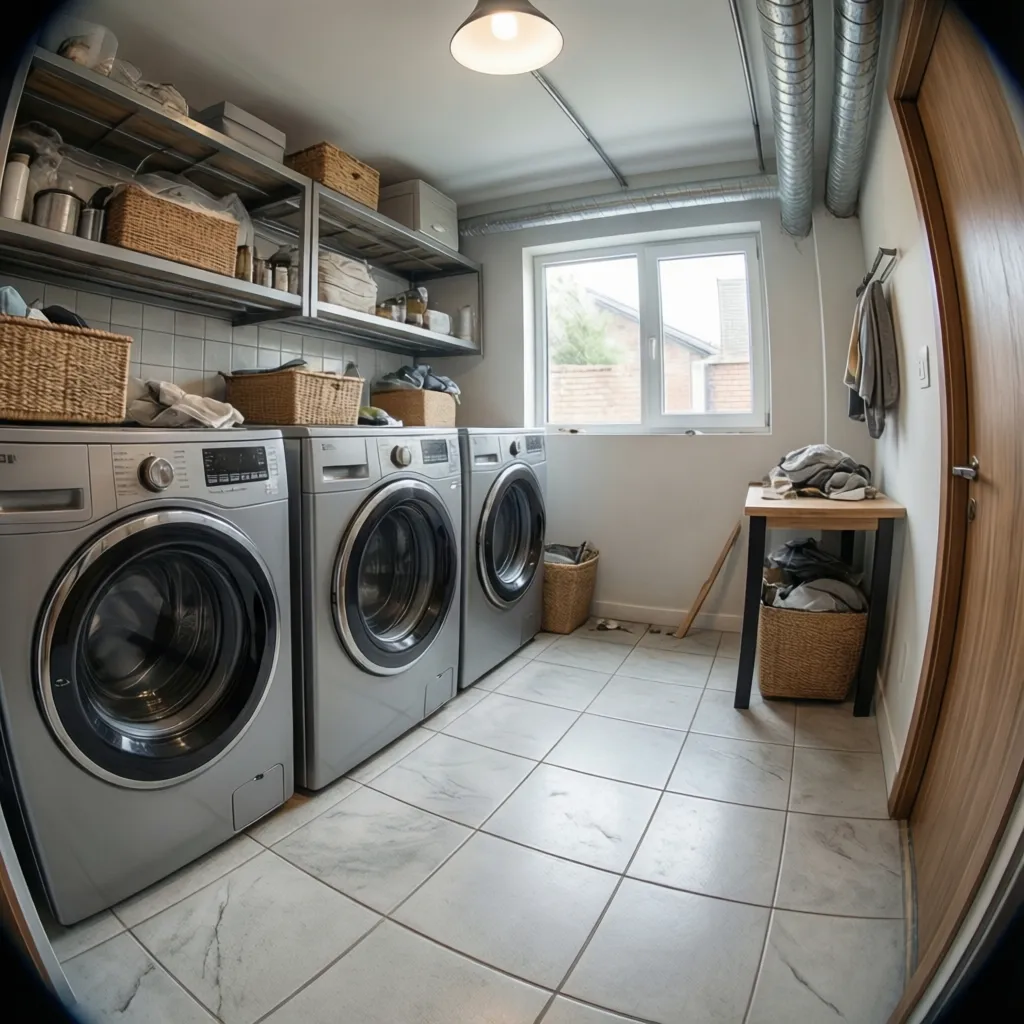 porcelain tile basement laundry flooring with washing machines