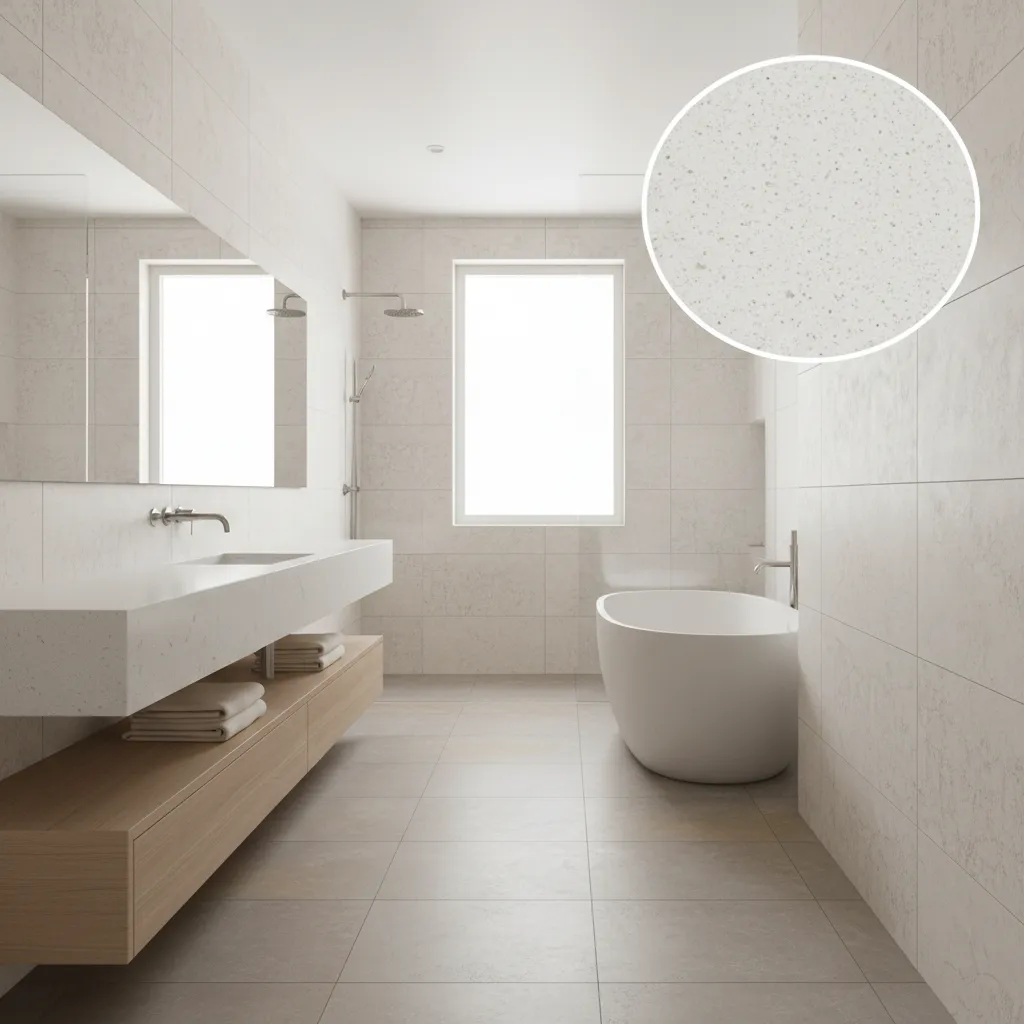 modern bathroom showing porcelain tile walls quartz vanity and moisture resistant finishes