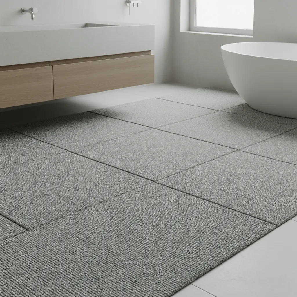 Close view of modular moisture resistant carpet tiles used near a bathroom vanity