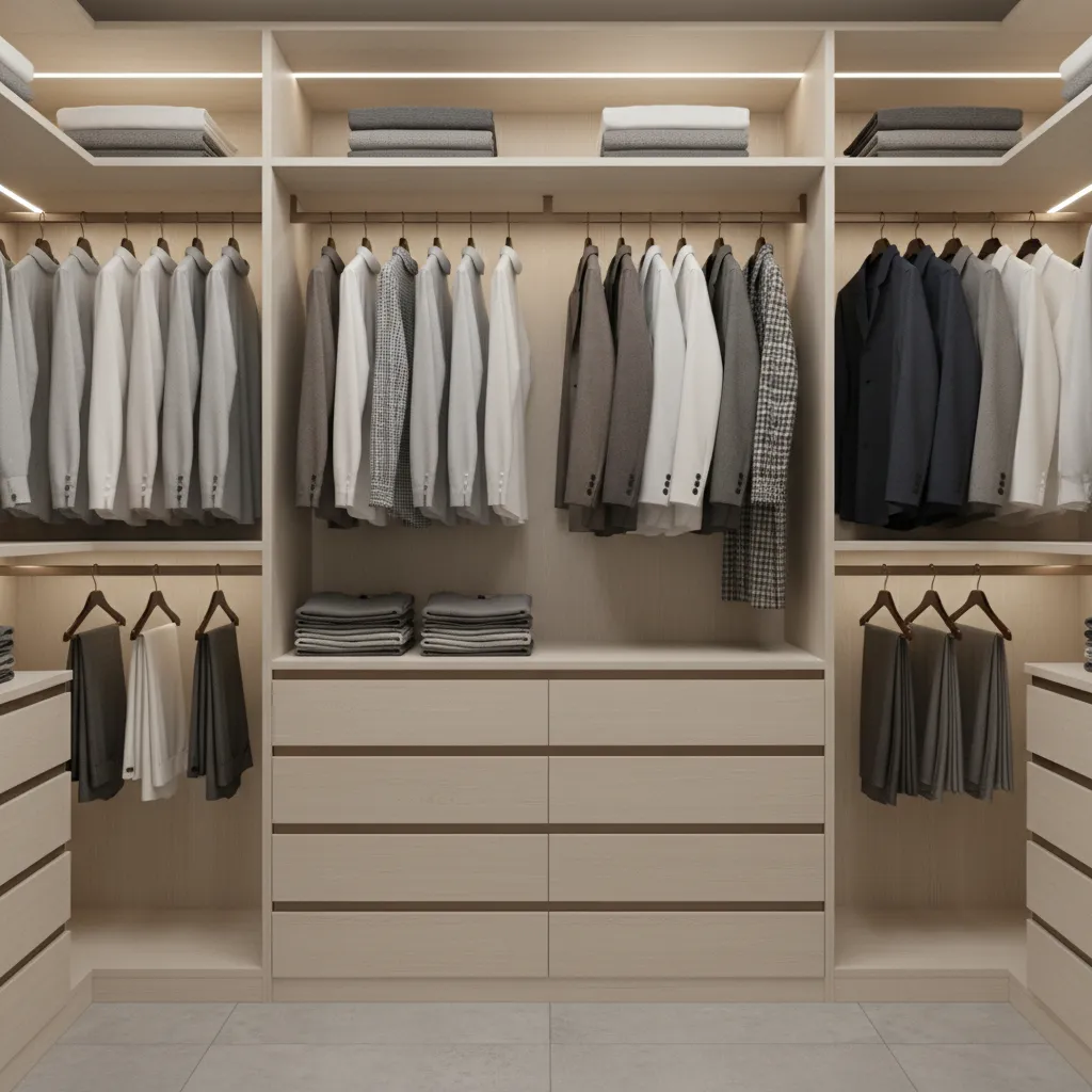 Modern closet cabinetry with laminate shelving and durable flooring materials