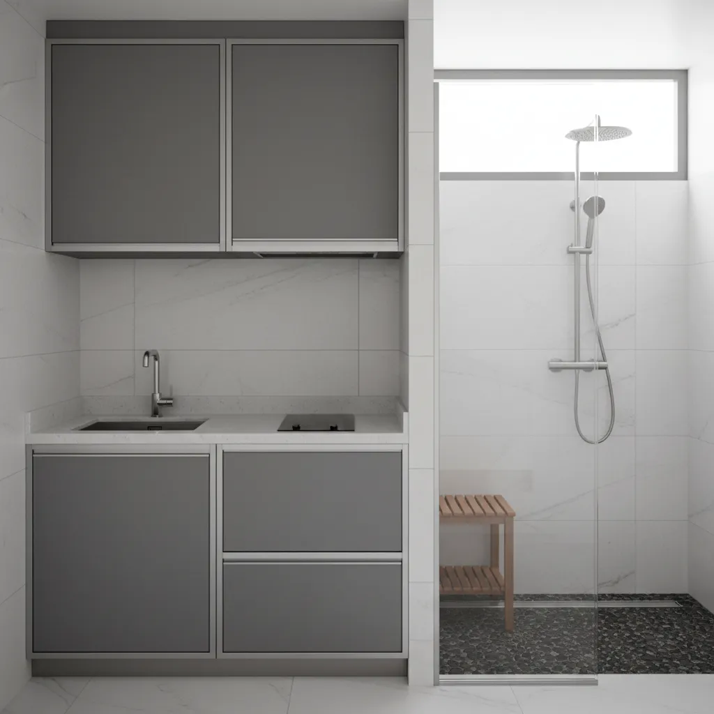Modern grey kitchen cabinets next to a shower area with wooden stool and stone floor
