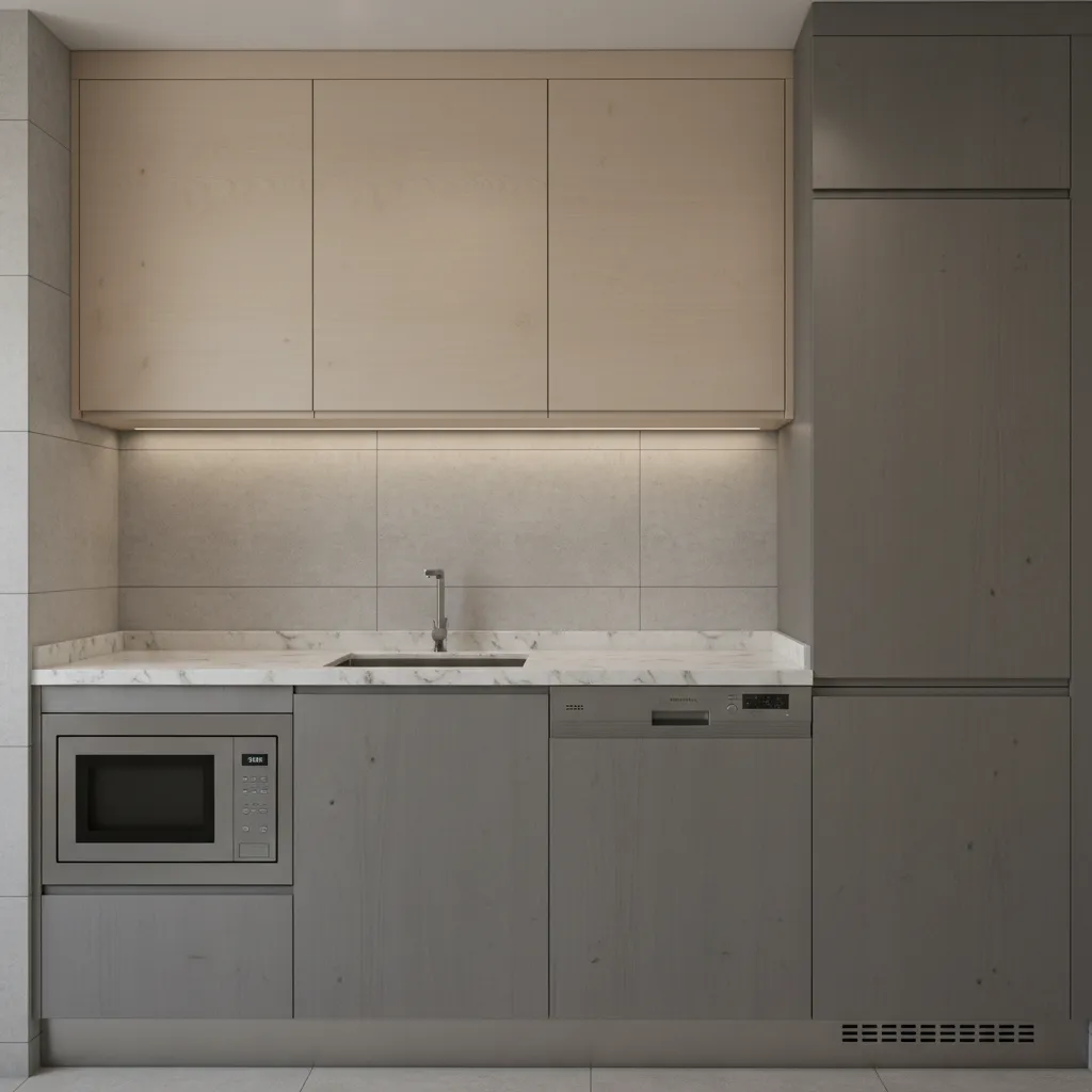 close view of moisture resistant plywood kitchen cabinets in small kitchenette