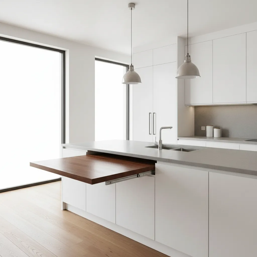 sealed wood pull out kitchen table near sink area