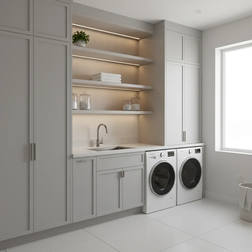 Moisture resistant finished cabinets in modern laundry room