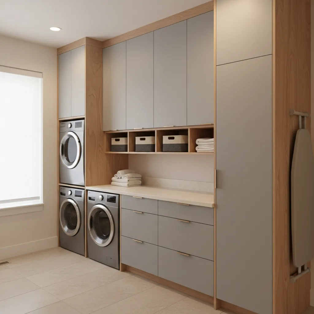 Close view of moisture resistant plywood laundry room cabinets