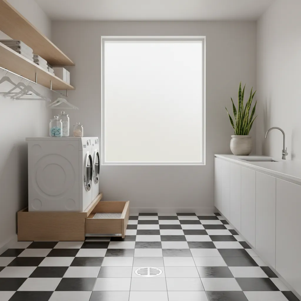Well designed laundry room with checkerboard floor and moisture resistant layout