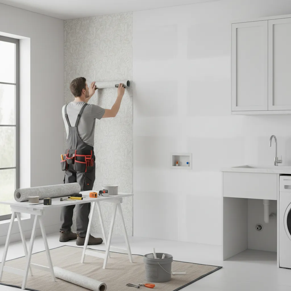 Installer applying moisture resistant wallpaper on sealed wall