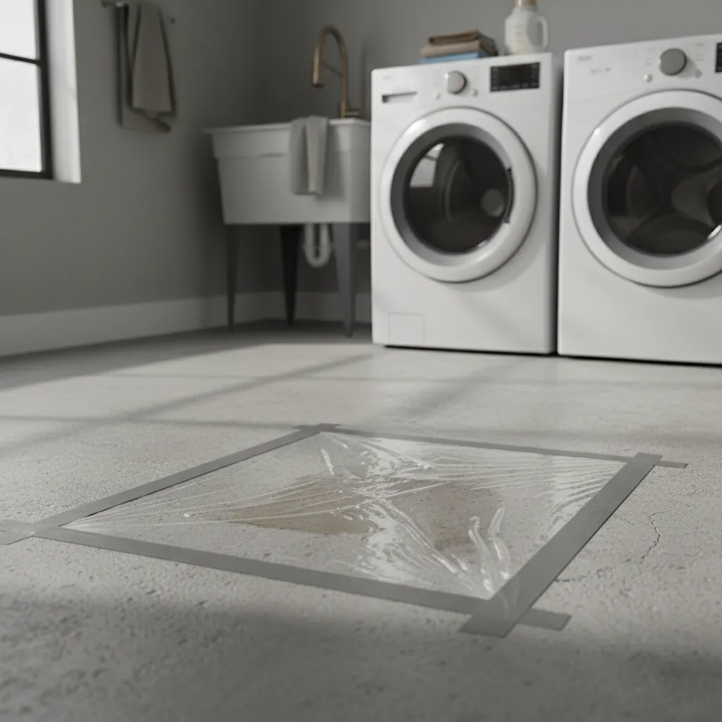 Plastic sheet taped to concrete floor for moisture testing before painting