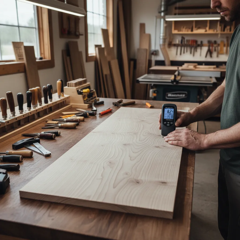 Moisture meter checking hardwood board before bleaching treatment