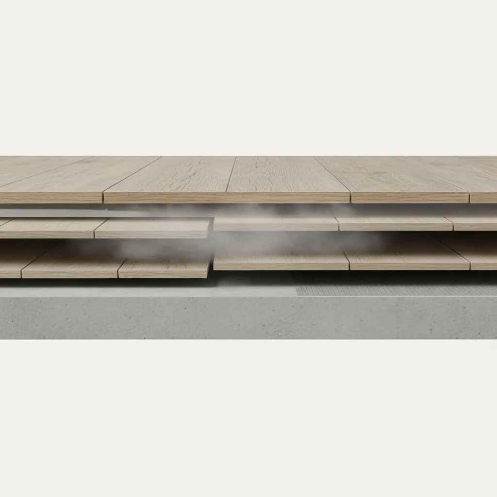Illustration of moisture trapped between vinyl flooring and existing laminate layer