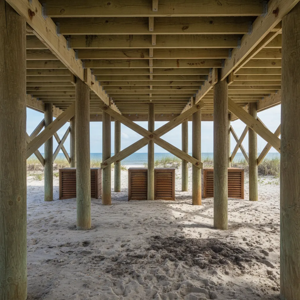 humid space beneath elevated beach house showing ventilation and moisture