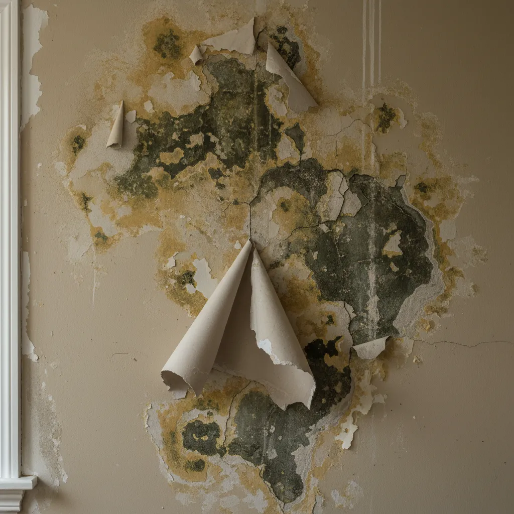 Water damaged drywall with visible mold growth inside a neglected house