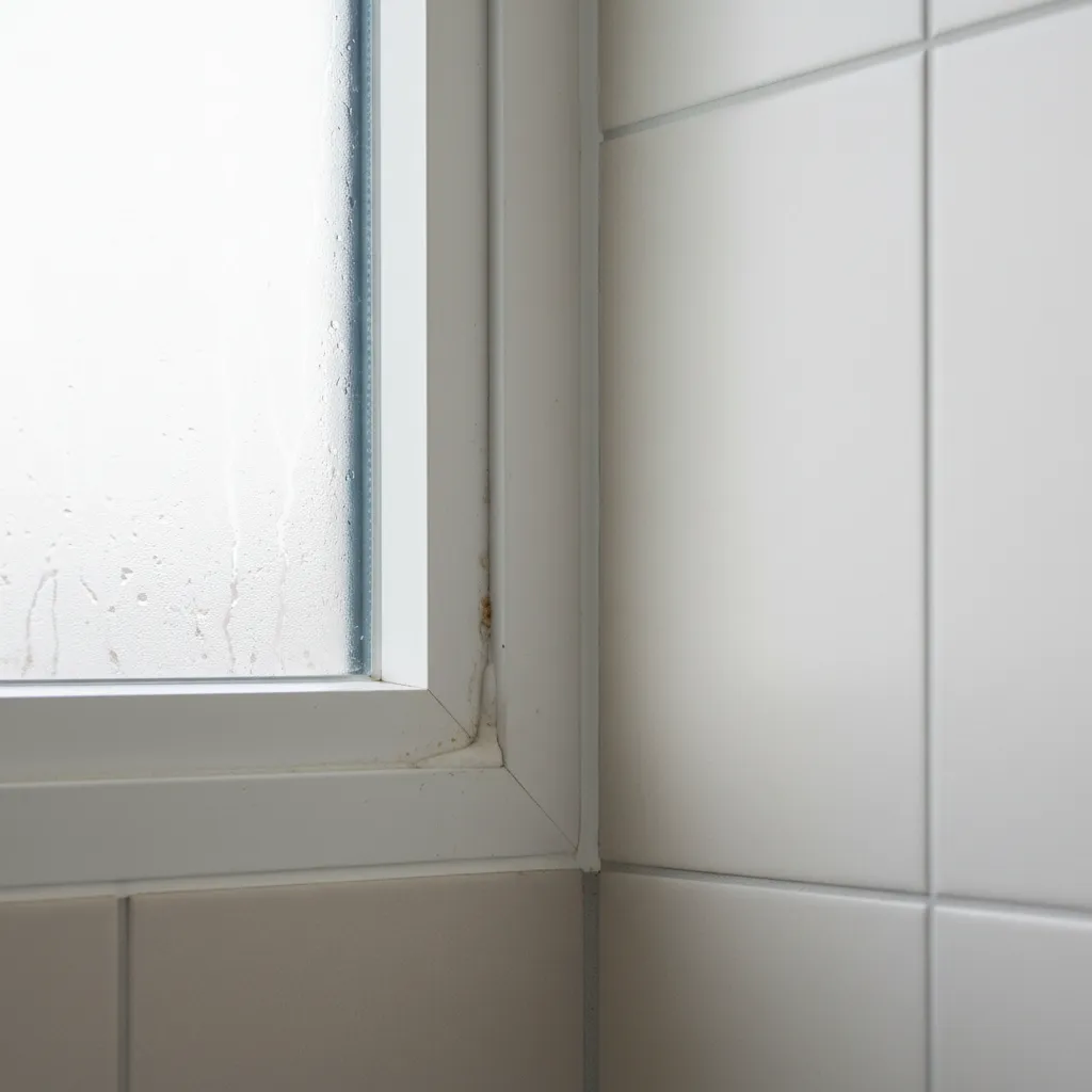 Bathroom window corner with early mold spots caused by moisture