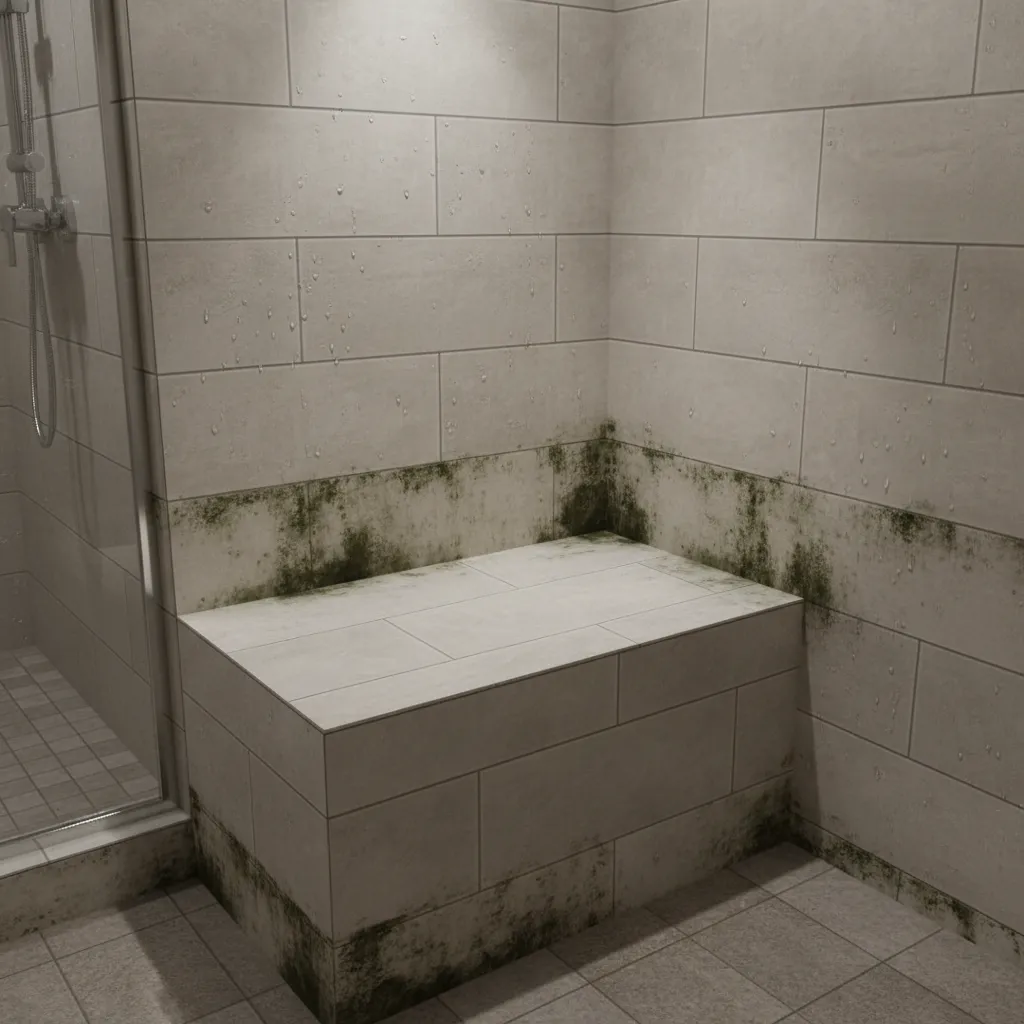 mold forming along grout lines near a built in shower bench